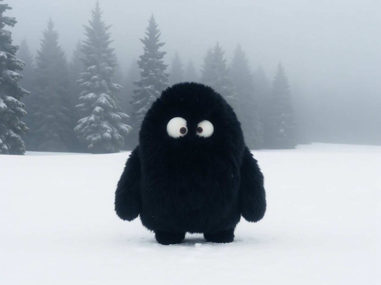 Fuzzy black figure stands alone in snowy forest landscape Fuzzy black figure stands alone in snowy forest landscape