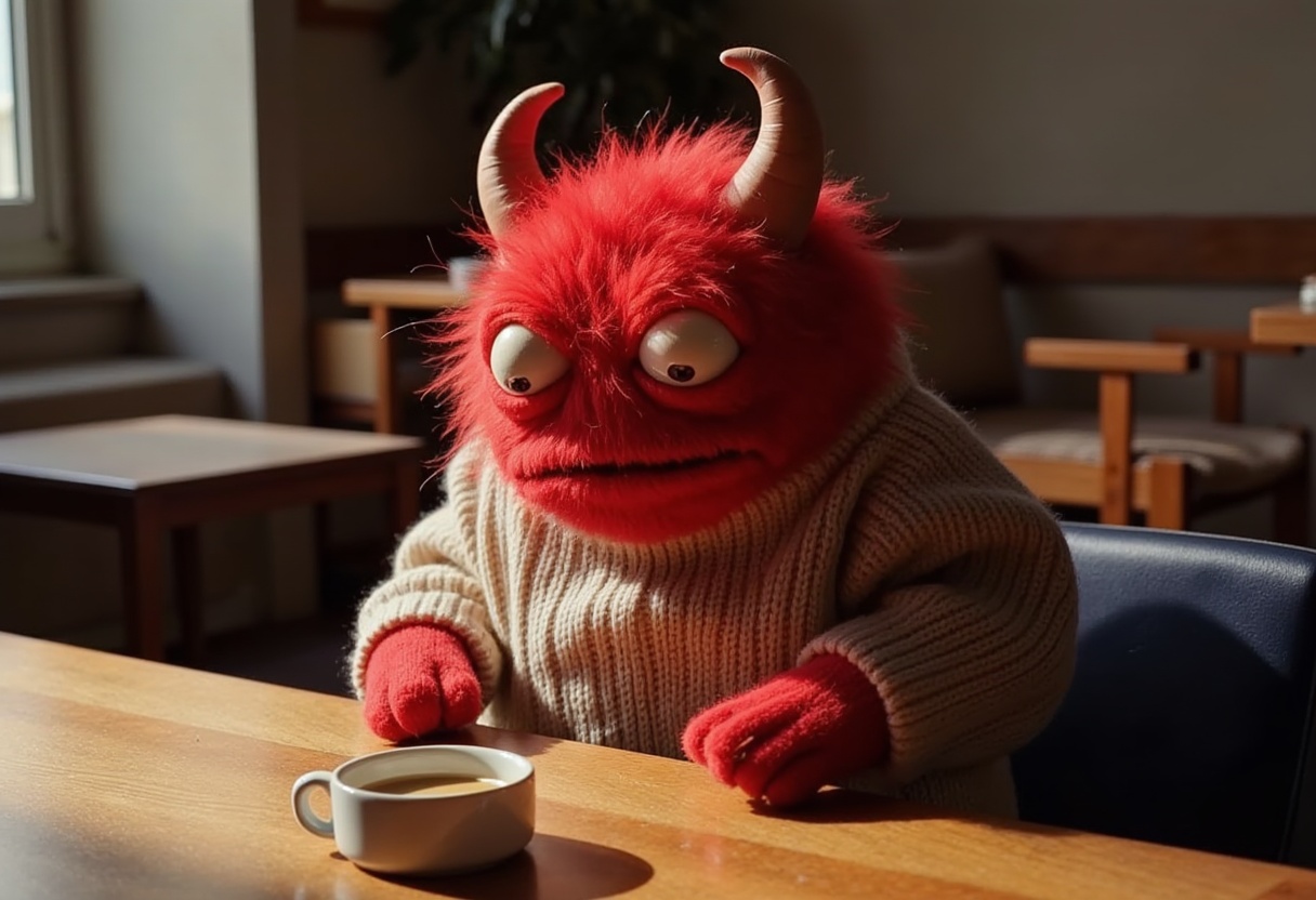 Coffee break for a red creature in cozy sweater Coffee break for a red creature in cozy sweater