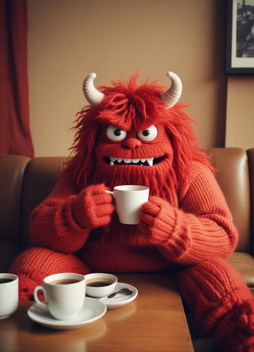 Bright red creature enjoys coffee in cozy cafe setting Bright red creature enjoys coffee in cozy cafe setting