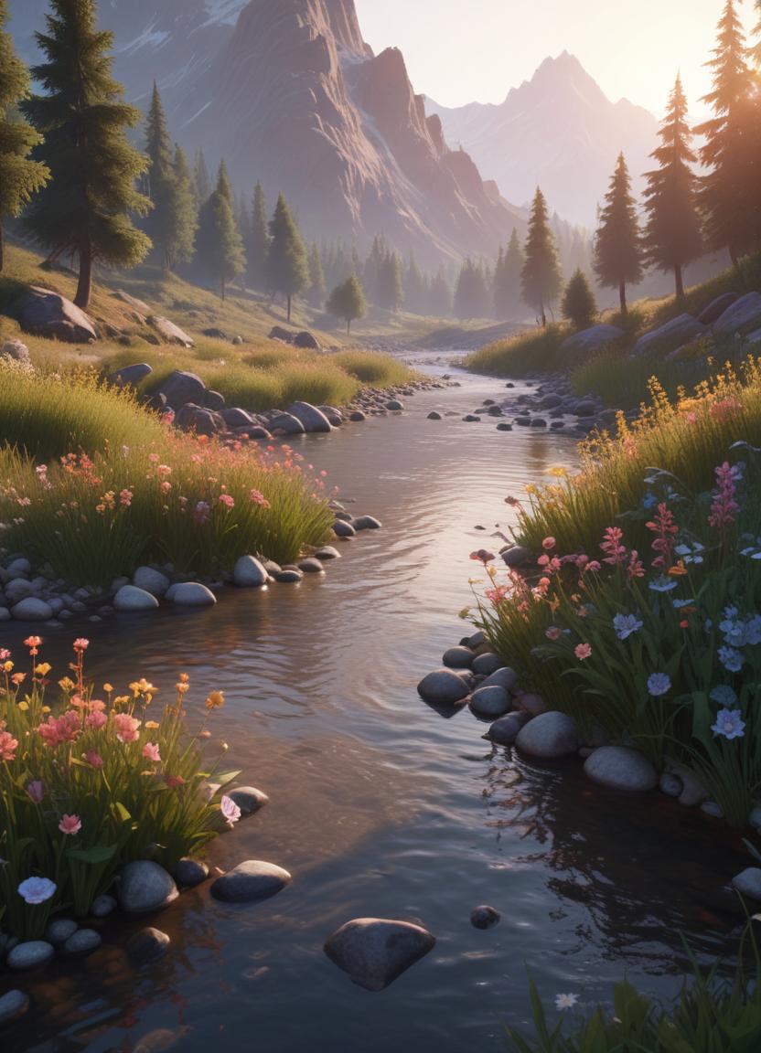 Scenic river flows through a tranquil mountain valley Scenic river flows through a tranquil mountain valley