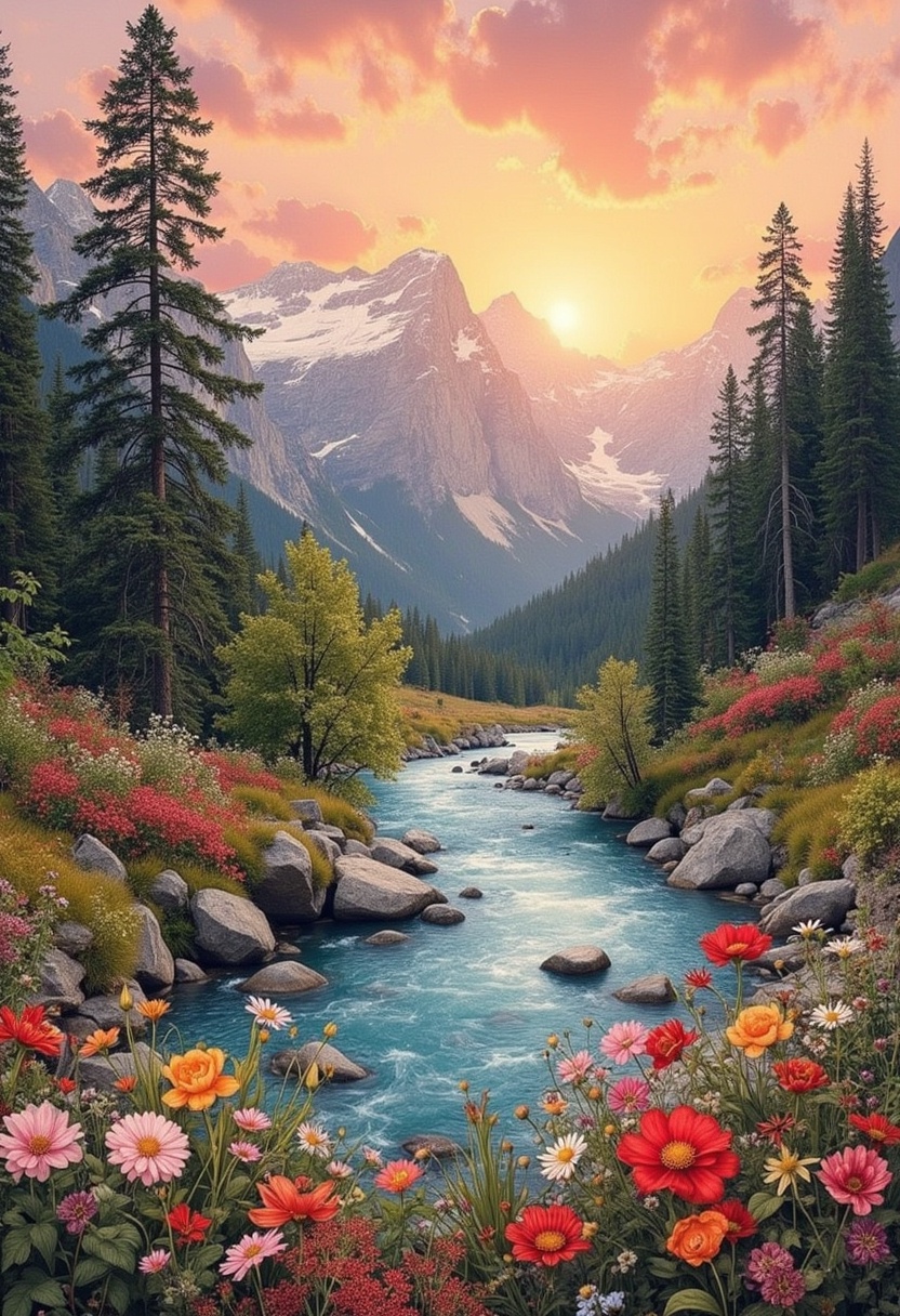 Colorful wildflowers beside a peaceful mountain stream Colorful wildflowers beside a peaceful mountain stream