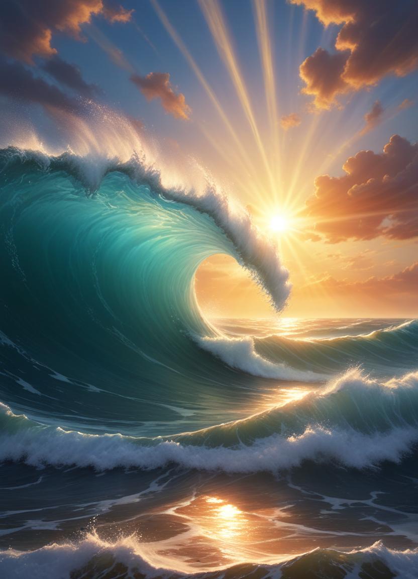 Majestic wave catching sunlight at sunrise over ocean Majestic wave catching sunlight at sunrise over ocean