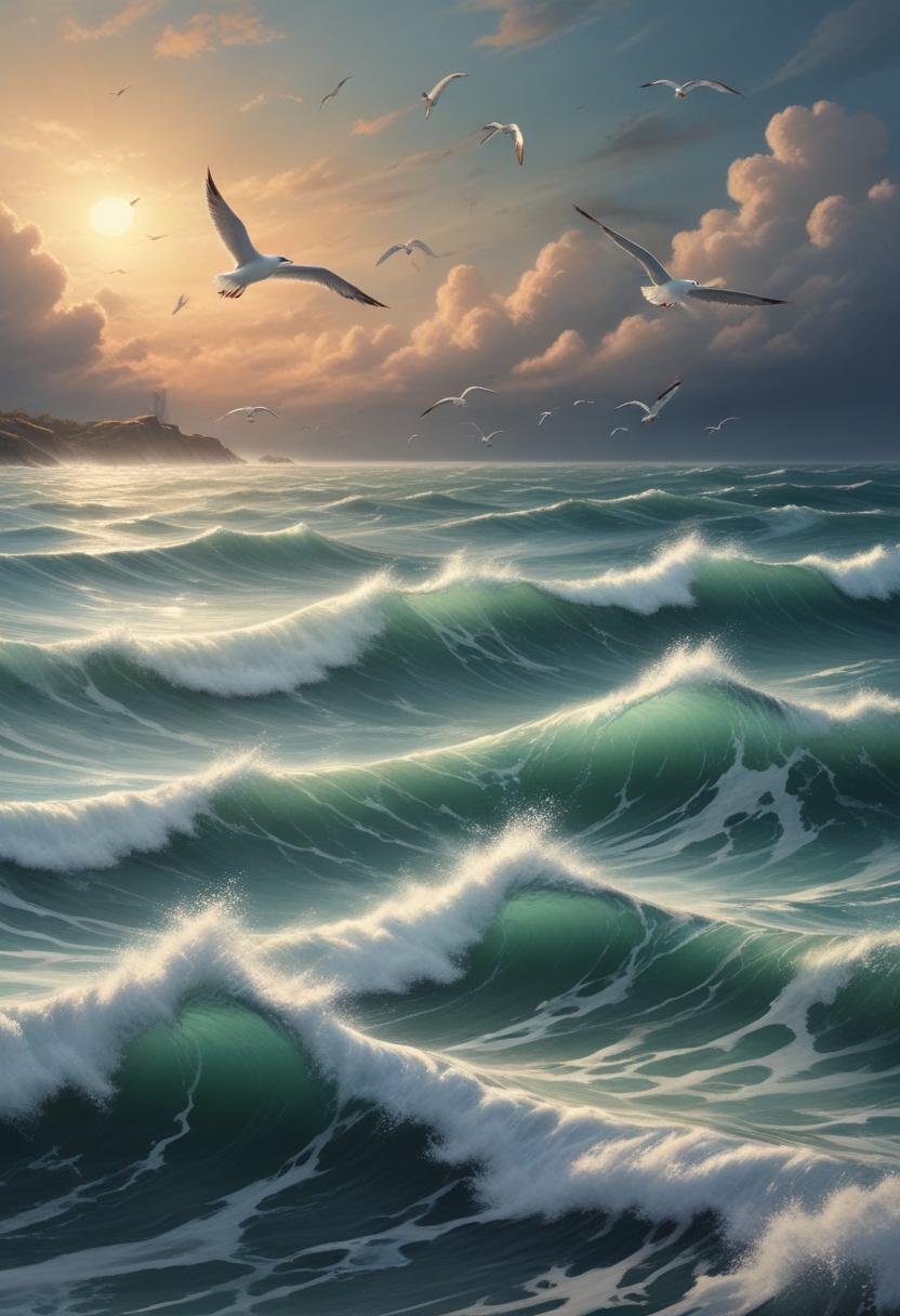 Waves crash under a colorful sunset with seagulls flying