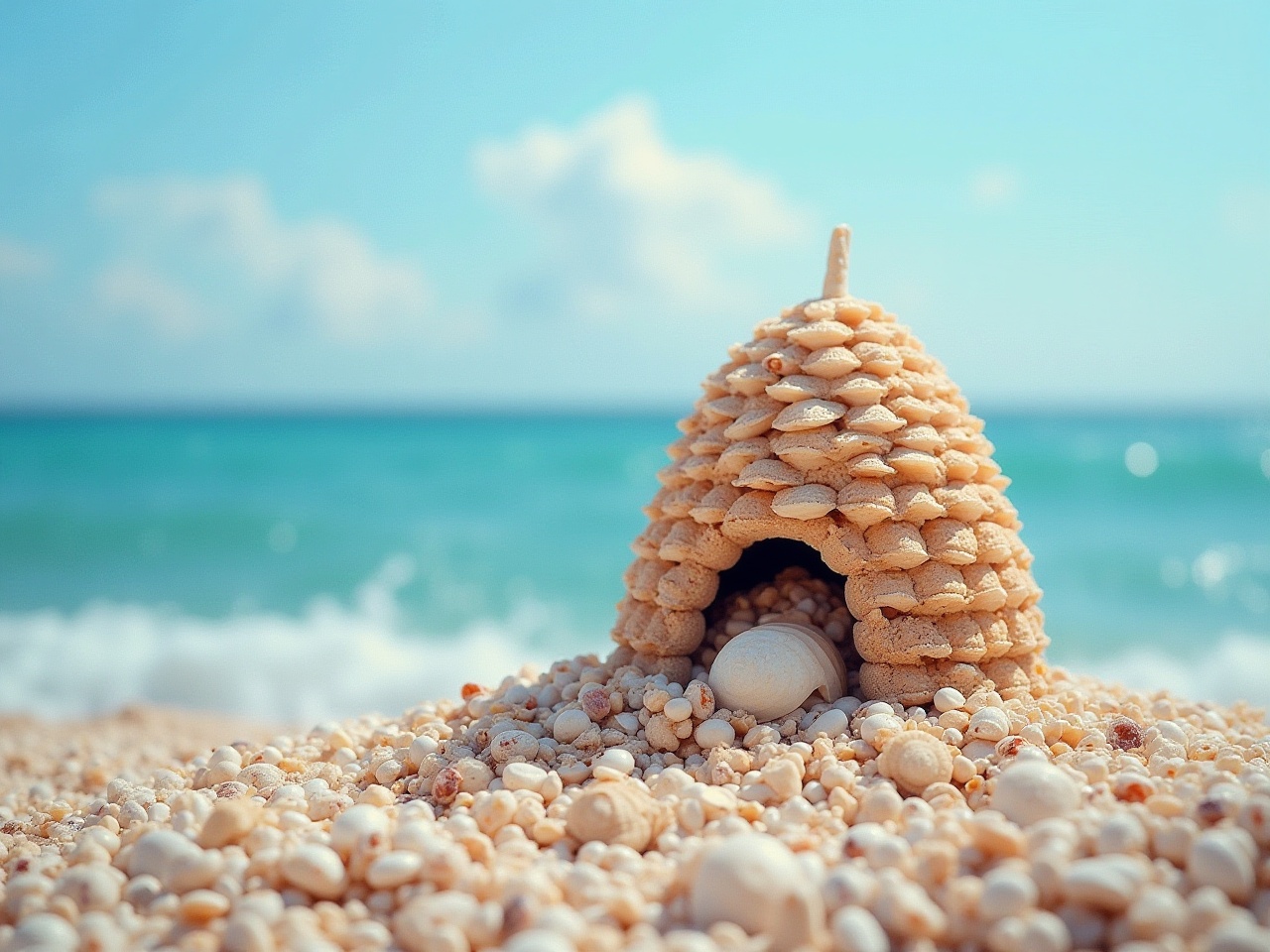 Creative sandy house built on a sunny beach Creative sandy house built on a sunny beach