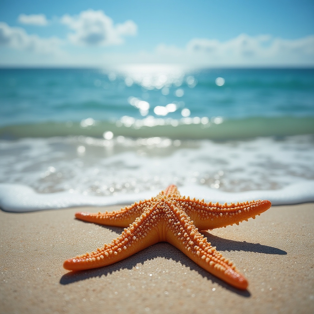 Starfish resting on sandy beach near ocean waves Starfish resting on sandy beach near ocean waves