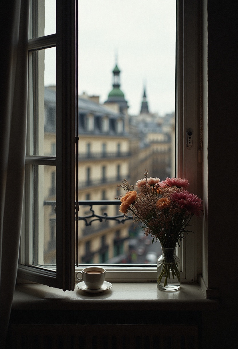 Cozy window view with coffee and flowers in city Cozy window view with coffee and flowers in city