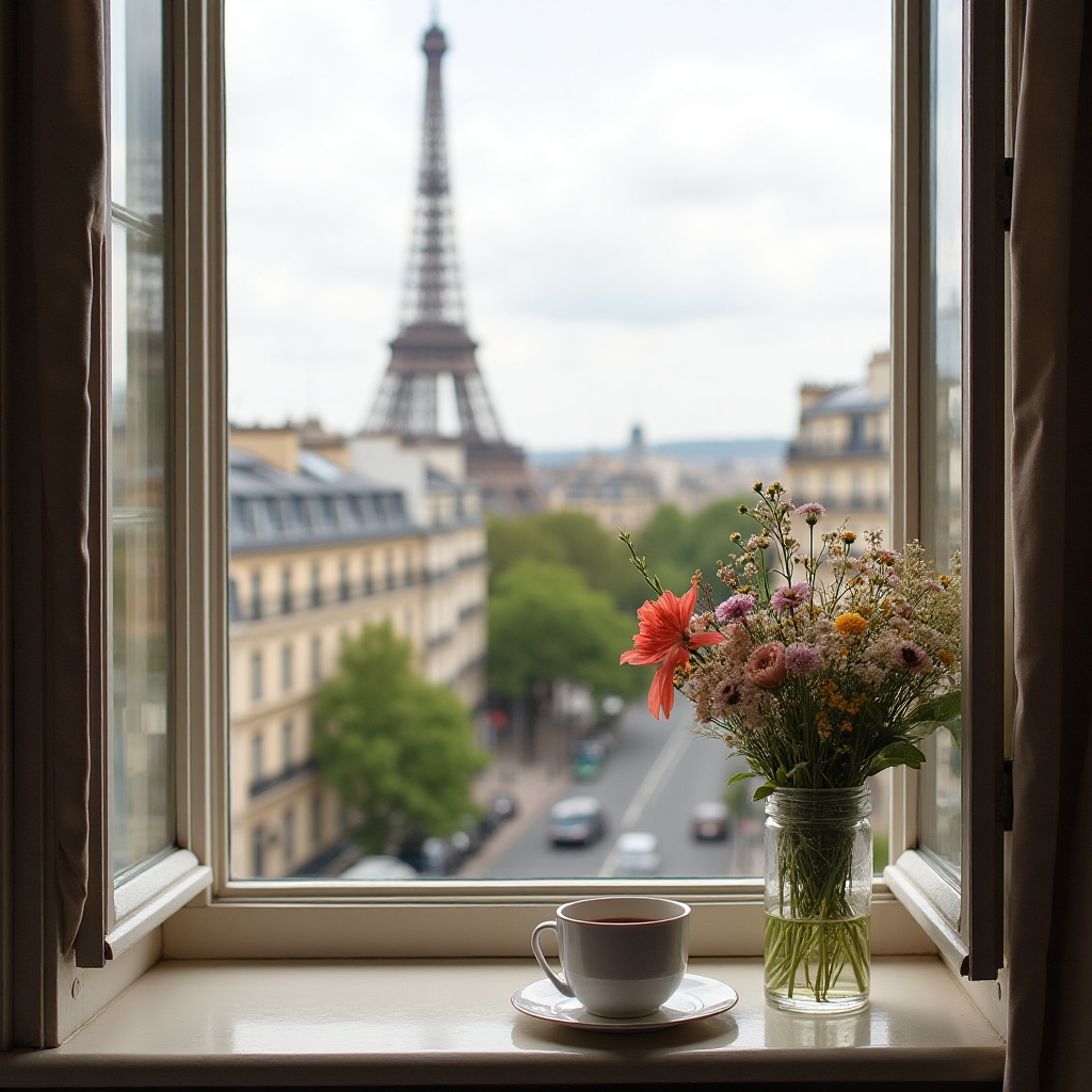 Enjoying coffee with a view of the eiffel tower in paris Enjoying coffee with a view of the eiffel tower in paris