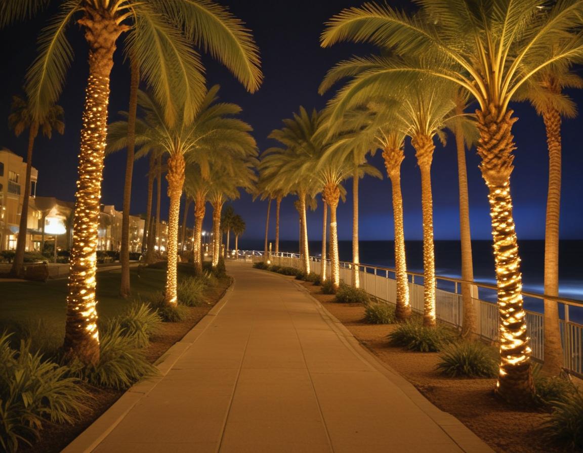 Palm tree lined walkway illuminated at night Palm tree lined walkway illuminated at night