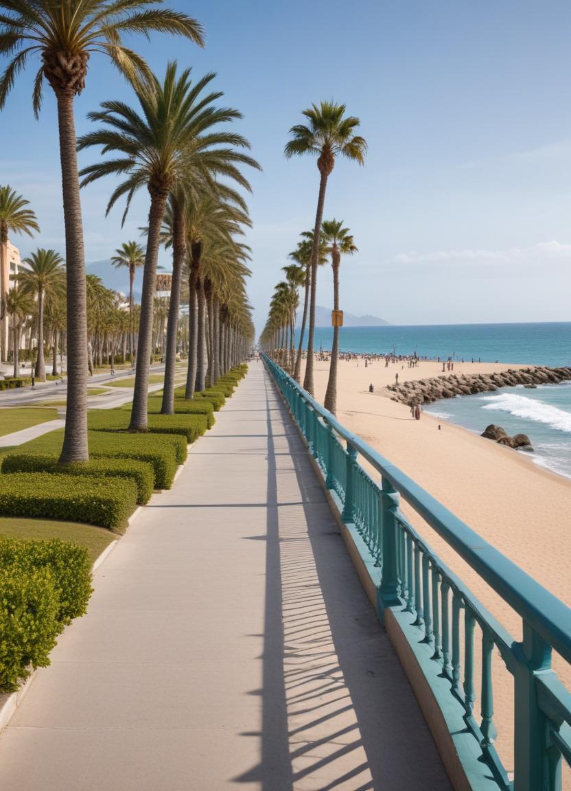 Coastal walkway lined with palm trees by the beach Coastal walkway lined with palm trees by the beach