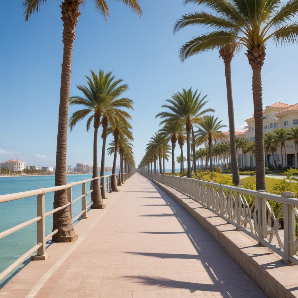 Strolling along the palm-lined waterfront promenade Strolling along the palm-lined waterfront promenade