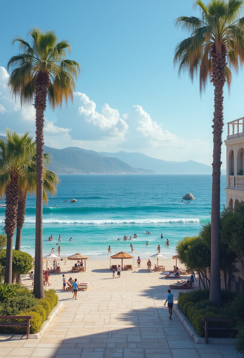 Relaxing beach day with palm trees under clear sky Relaxing beach day with palm trees under clear sky