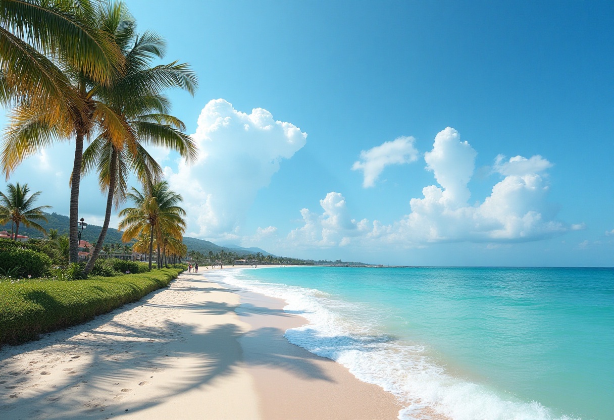 Serene beach with palm trees under a clear blue sky Serene beach with palm trees under a clear blue sky