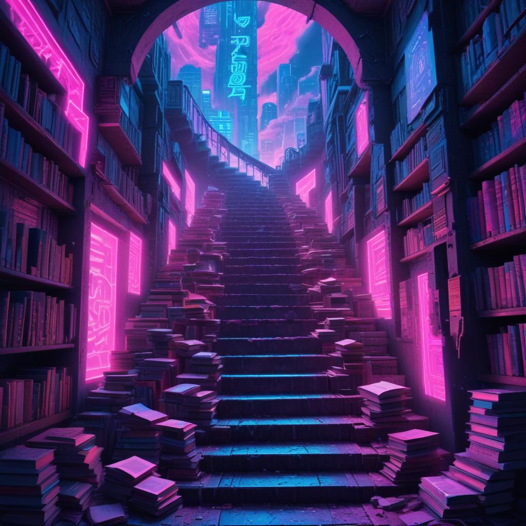 Bookshelves lead to a neon-lit staircase in a library Bookshelves lead to a neon-lit staircase in a library