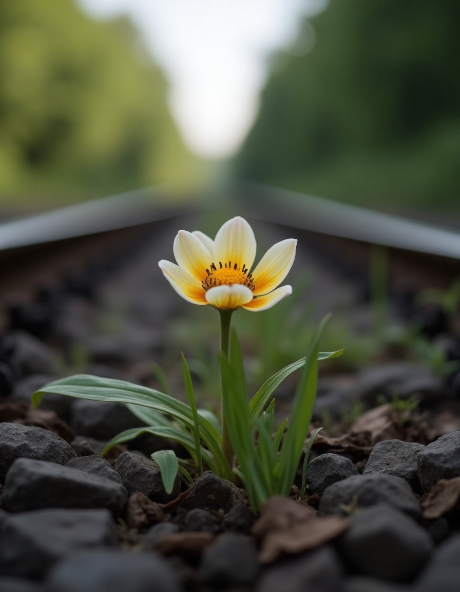 Flower blooms beside railway tracks in an urban setting Flower blooms beside railway tracks in an urban setting