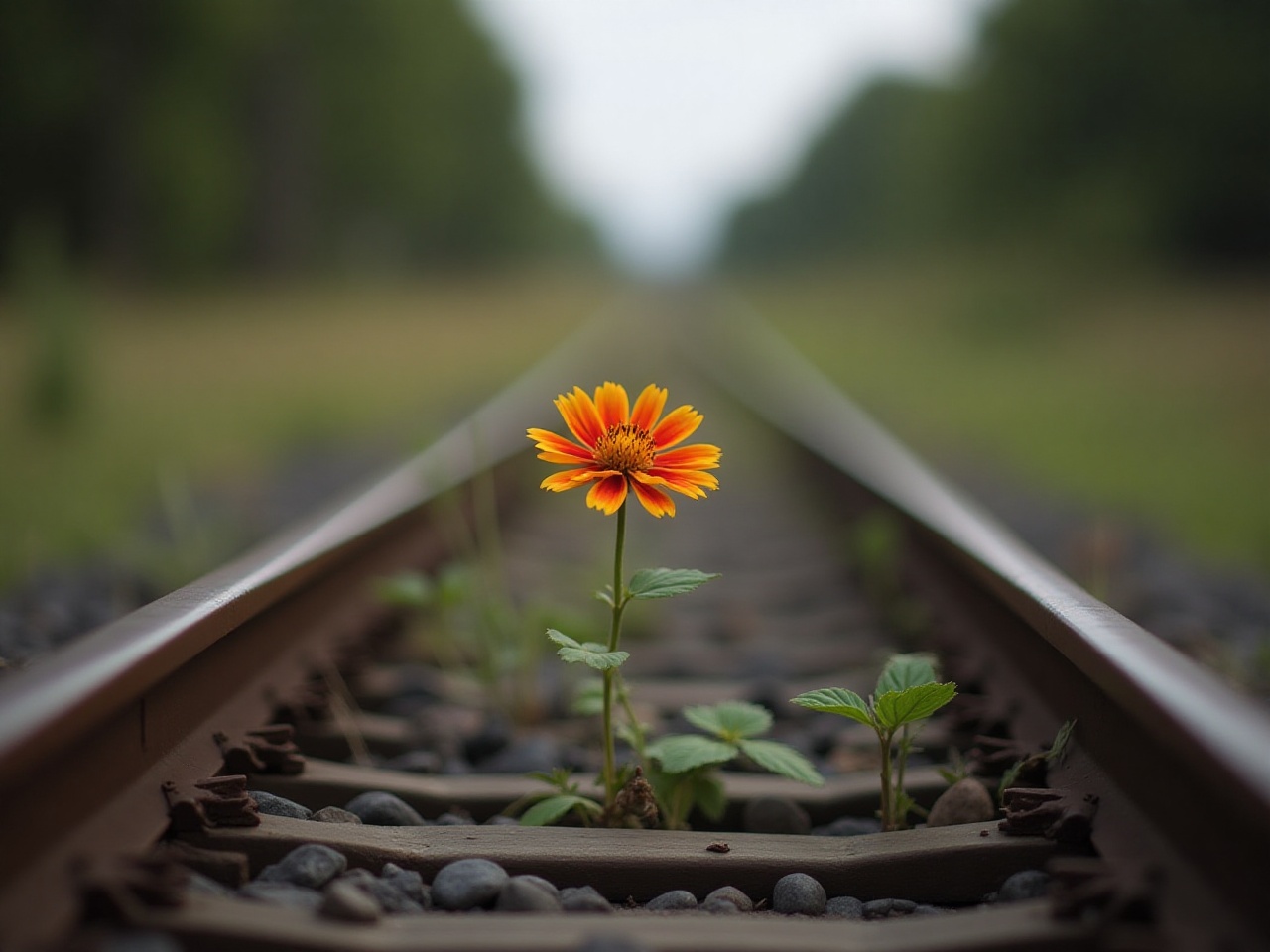 Flower grows on railway tracks amidst nature Flower grows on railway tracks amidst nature