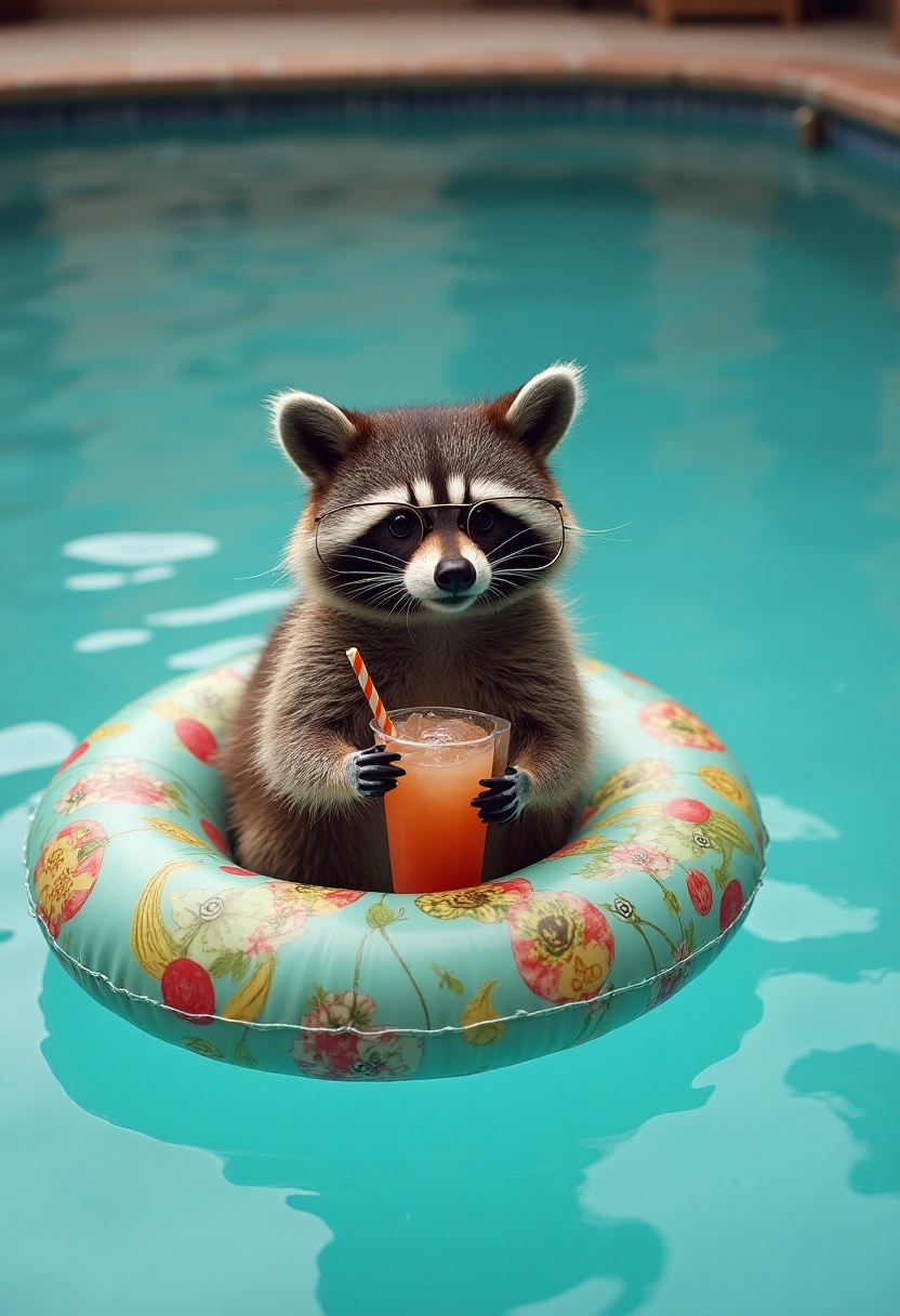 Raccoon enjoys a drink while floating in a pool Raccoon enjoys a drink while floating in a pool