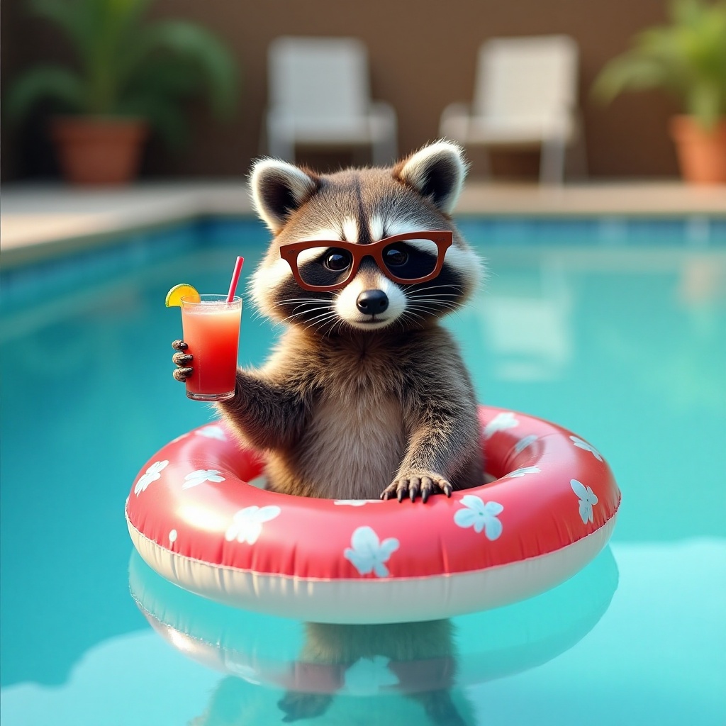 Raccoon enjoys summer fun in pool with drink Raccoon enjoys summer fun in pool with drink