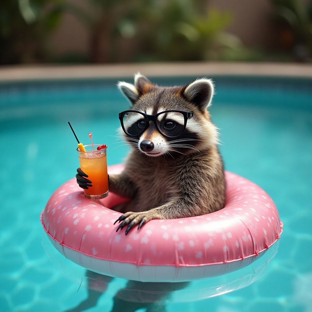 Raccoon enjoys drink while lounging in pool Raccoon enjoys drink while lounging in pool