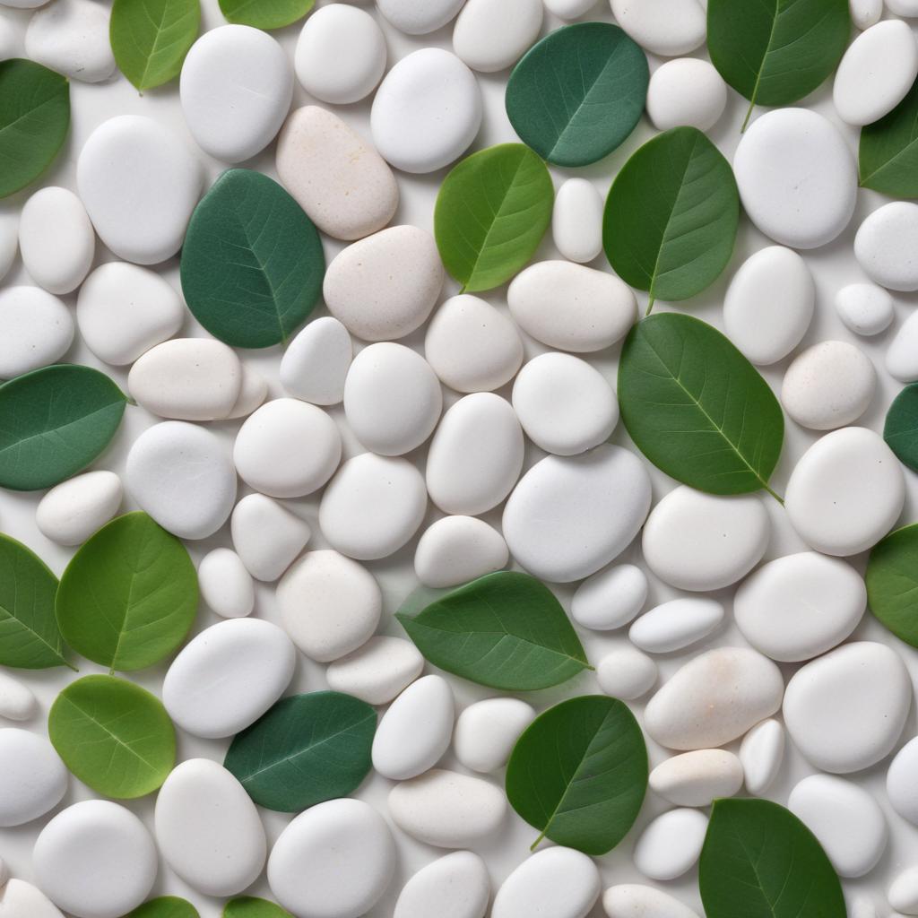 Decorative white stones and green leaves arrangement Decorative white stones and green leaves arrangement