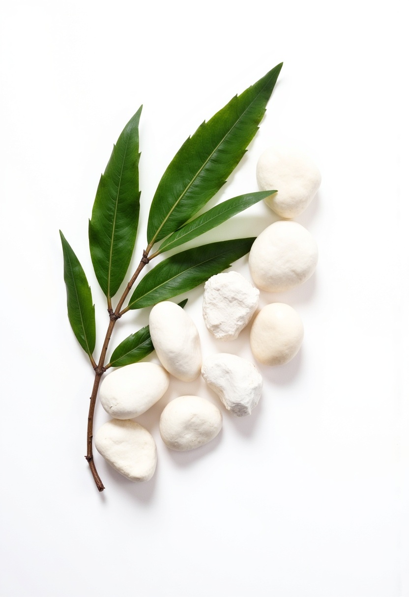 Natural elements arranged with white stones and green leaves Natural elements arranged with white stones and green leaves
