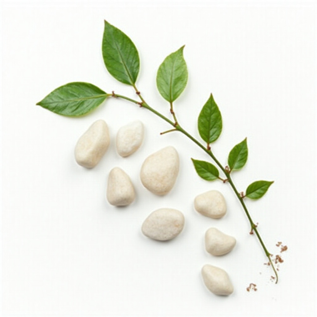 Natural arrangement of stones and leaves on a white surface Natural arrangement of stones and leaves on a white surface