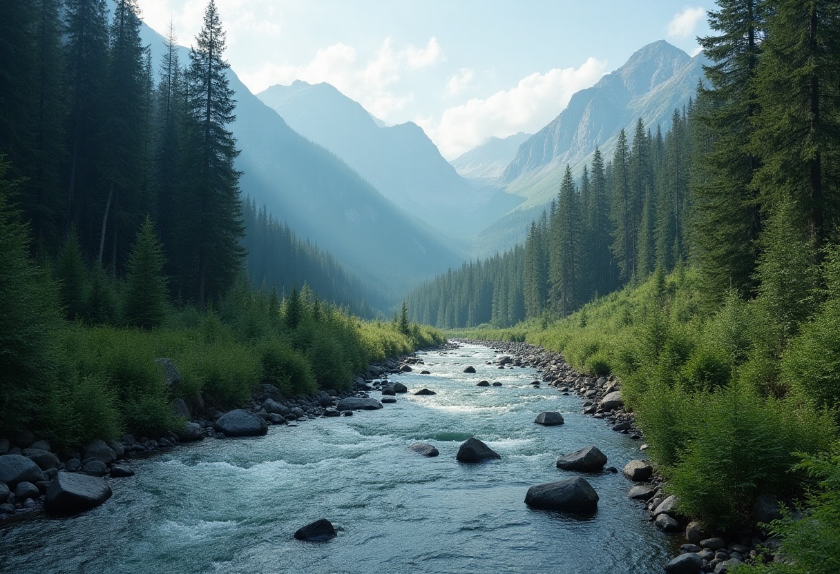 Serene river flows through misty mountain valley Serene river flows through misty mountain valley