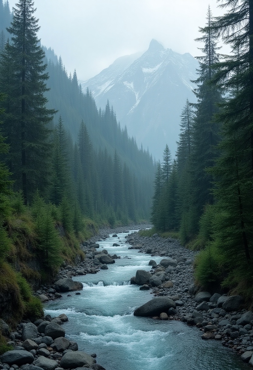 Mountain river winding through thick forest Mountain river winding through thick forest
