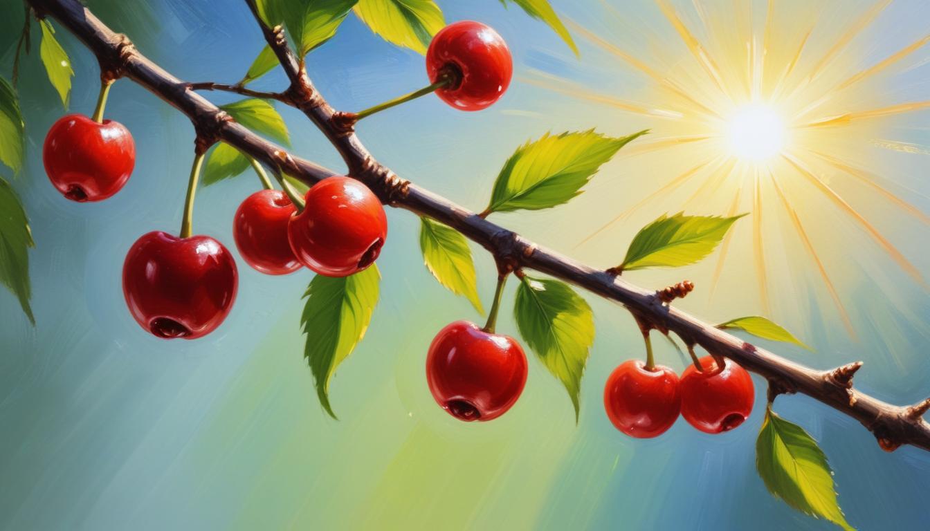 Cherry branch with ripe fruit under bright sunlight Cherry branch with ripe fruit under bright sunlight