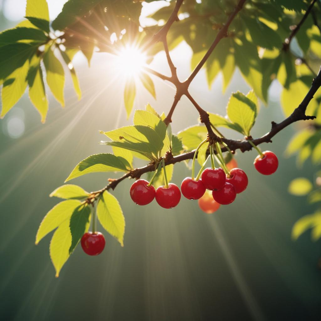 Cherry tree branch with ripe fruit in sunlight Cherry tree branch with ripe fruit in sunlight