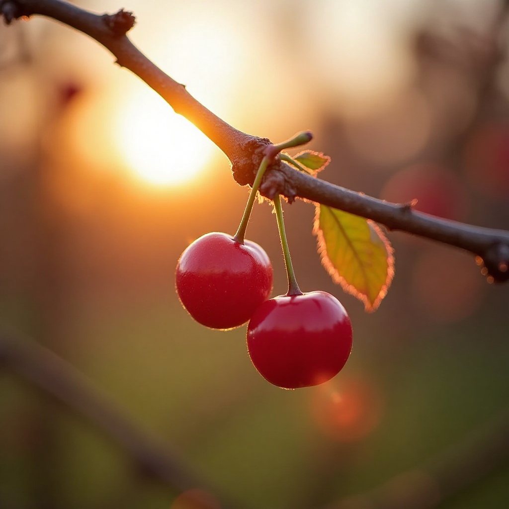 Red cherries hang from a branch at sunset Red cherries hang from a branch at sunset