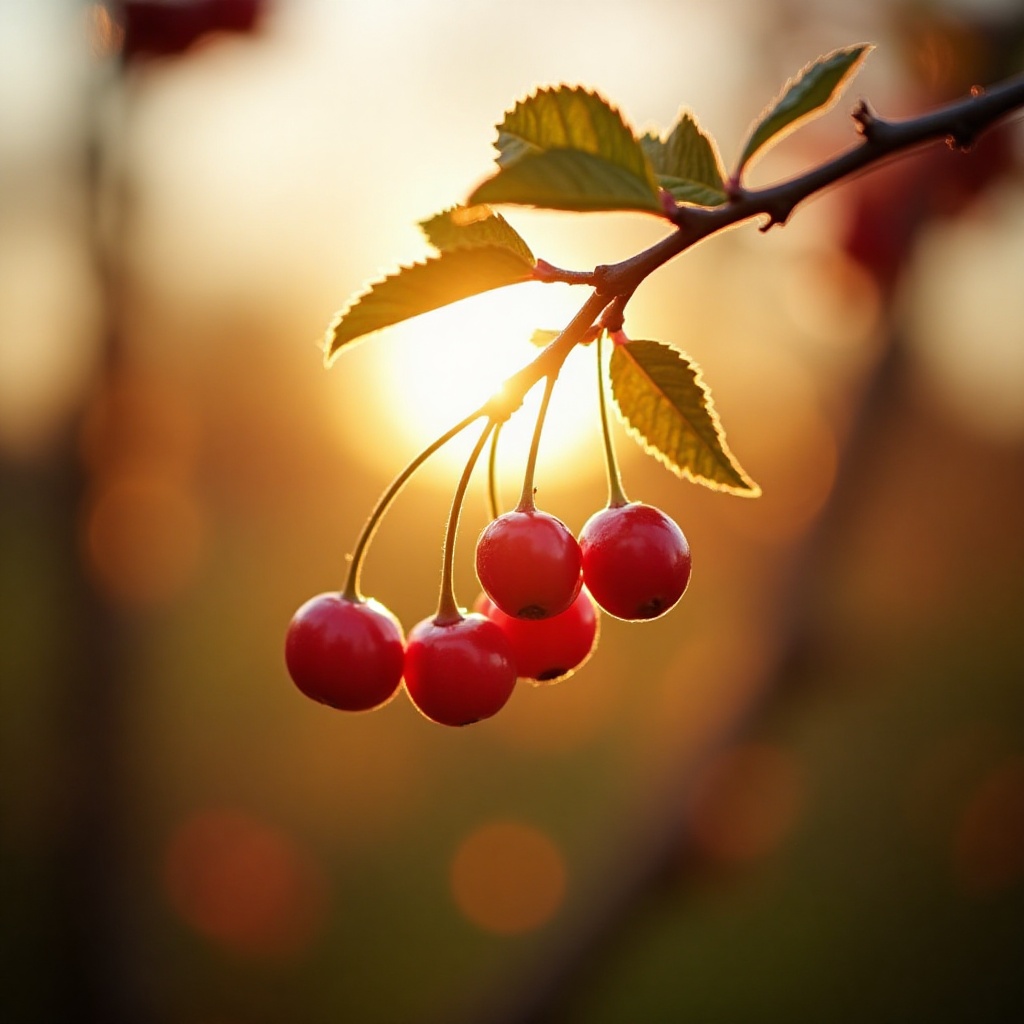 Cherries hanging on a branch during sunset in nature Cherries hanging on a branch during sunset in nature