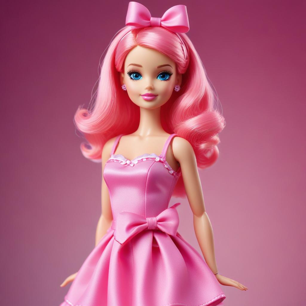 Doll in pink dress with bow against pink background Doll in pink dress with bow against pink background