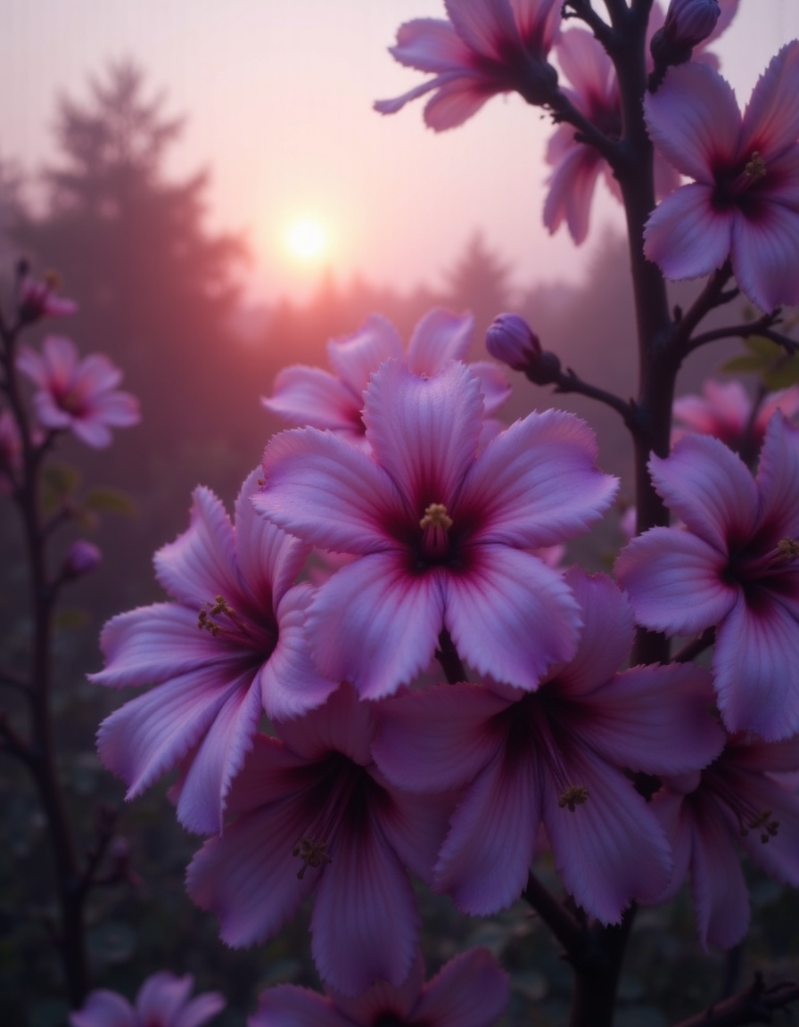 Pink flowers bloom at sunrise in a misty landscape Pink flowers bloom at sunrise in a misty landscape