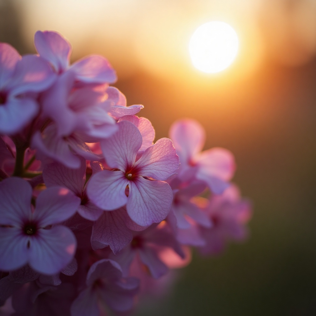 Pink flowers basking in golden sunset light Pink flowers basking in golden sunset light