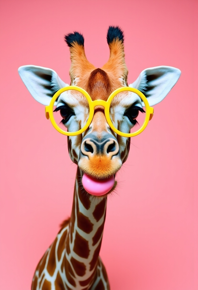 Giraffe wearing yellow glasses poses on pink background Giraffe wearing yellow glasses poses on pink background