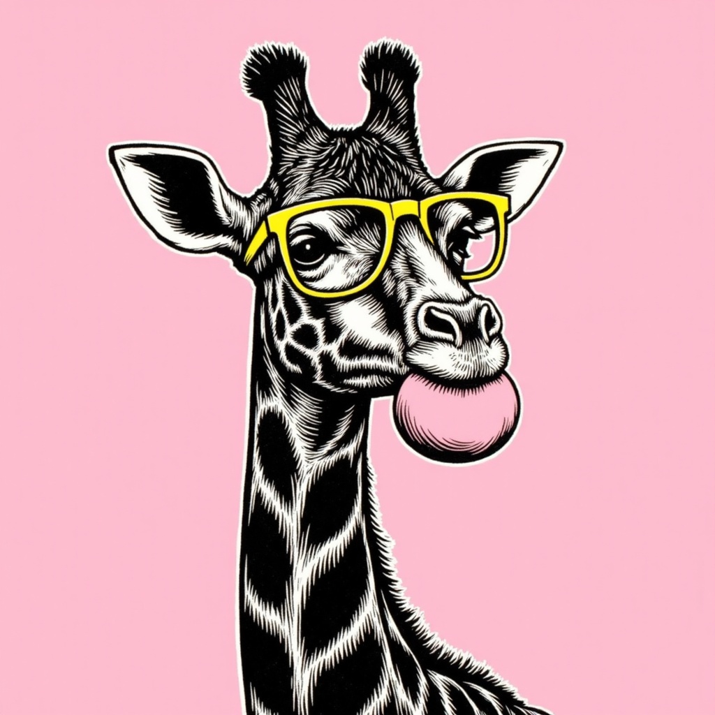 Giraffe in yellow glasses blowing bubblegum Giraffe in yellow glasses blowing bubblegum