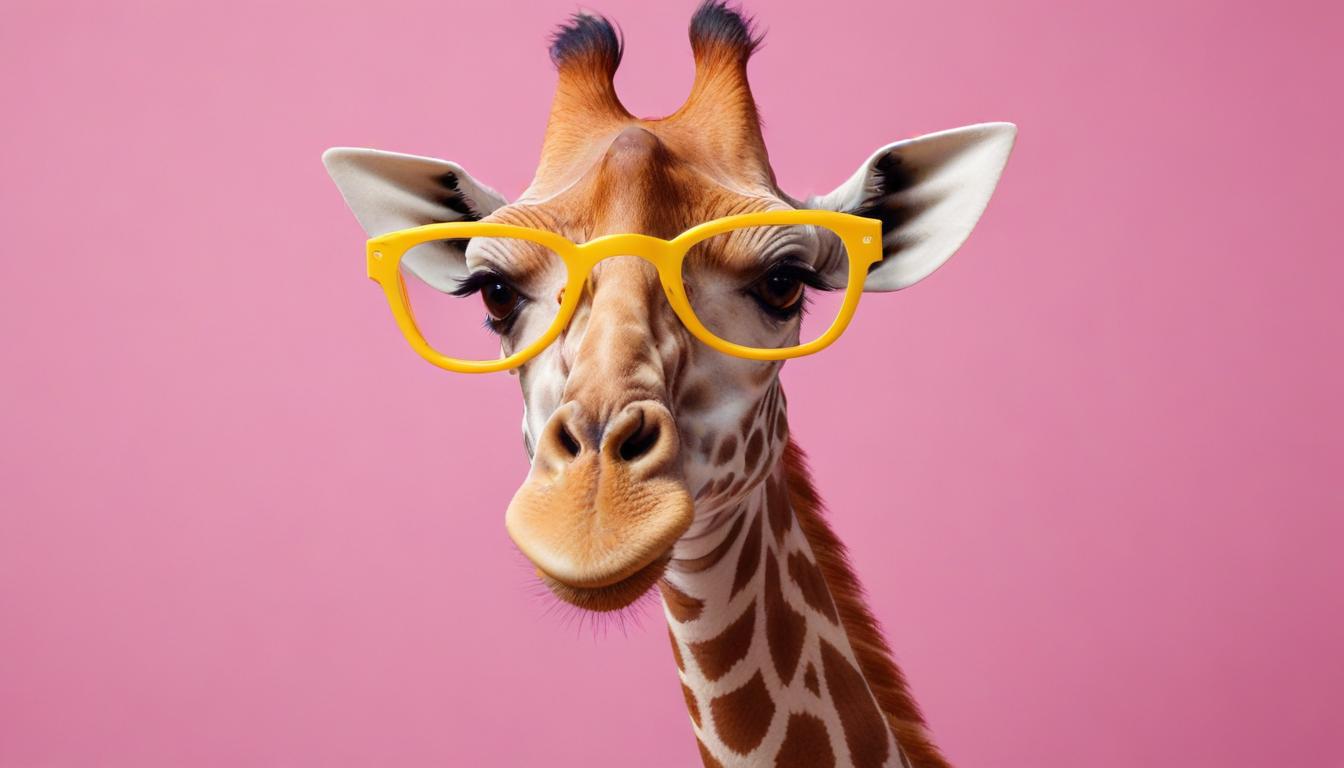 Giraffe wearing bright yellow glasses in playful pose Giraffe wearing bright yellow glasses in playful pose