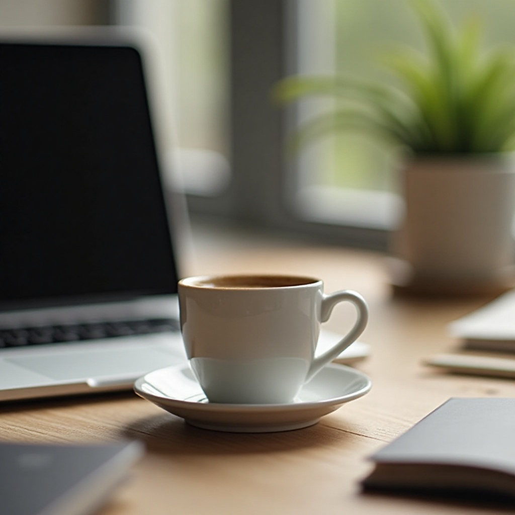 Coffee cup on a work desk beside laptop and notebook Coffee cup on a work desk beside laptop and notebook