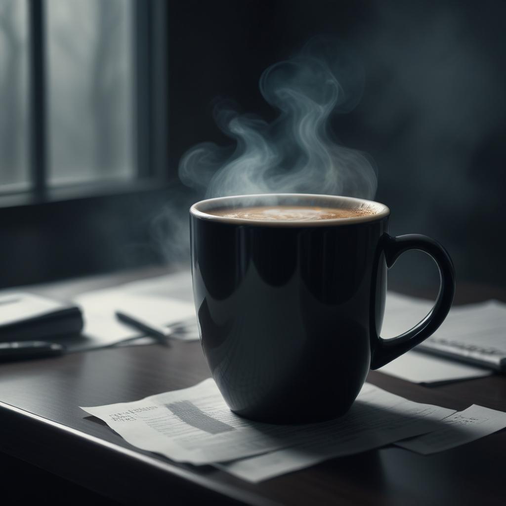 Warm coffee cup on a desk with paperwork and sunlight Warm coffee cup on a desk with paperwork and sunlight