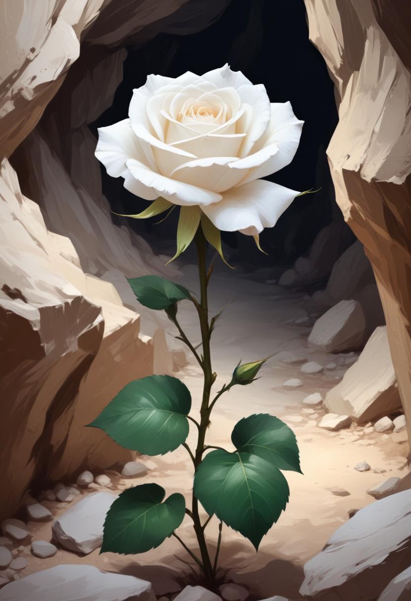 White rose growing inside a cave during daylight hours White rose growing inside a cave during daylight hours