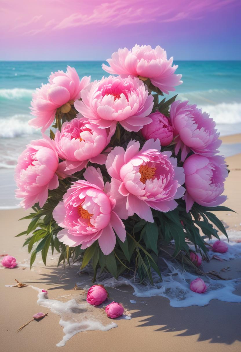 Pink peonies bloom on sandy beach near ocean waves Pink peonies bloom on sandy beach near ocean waves