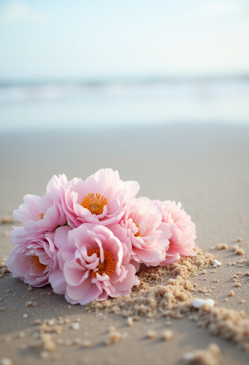 Beautiful flowers resting on sandy beach shore Beautiful flowers resting on sandy beach shore