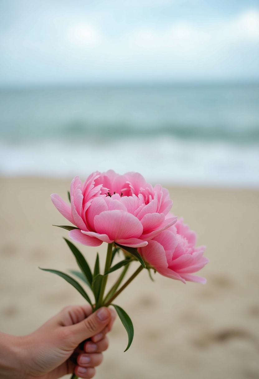 Holding pink flowers at the beach during a cloudy day Holding pink flowers at the beach during a cloudy day