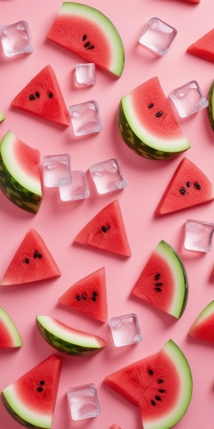 Watermelon slices and ice on pink background Watermelon slices and ice on pink background