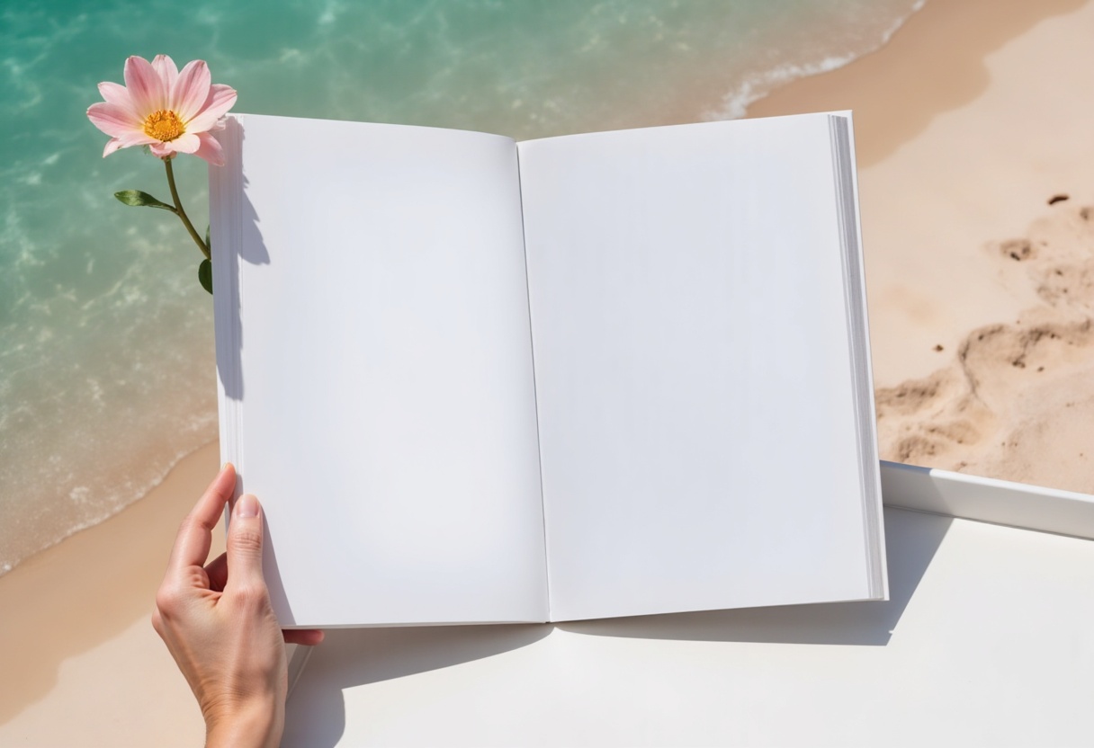 Open blank book with flower near tranquil beach Open blank book with flower near tranquil beach