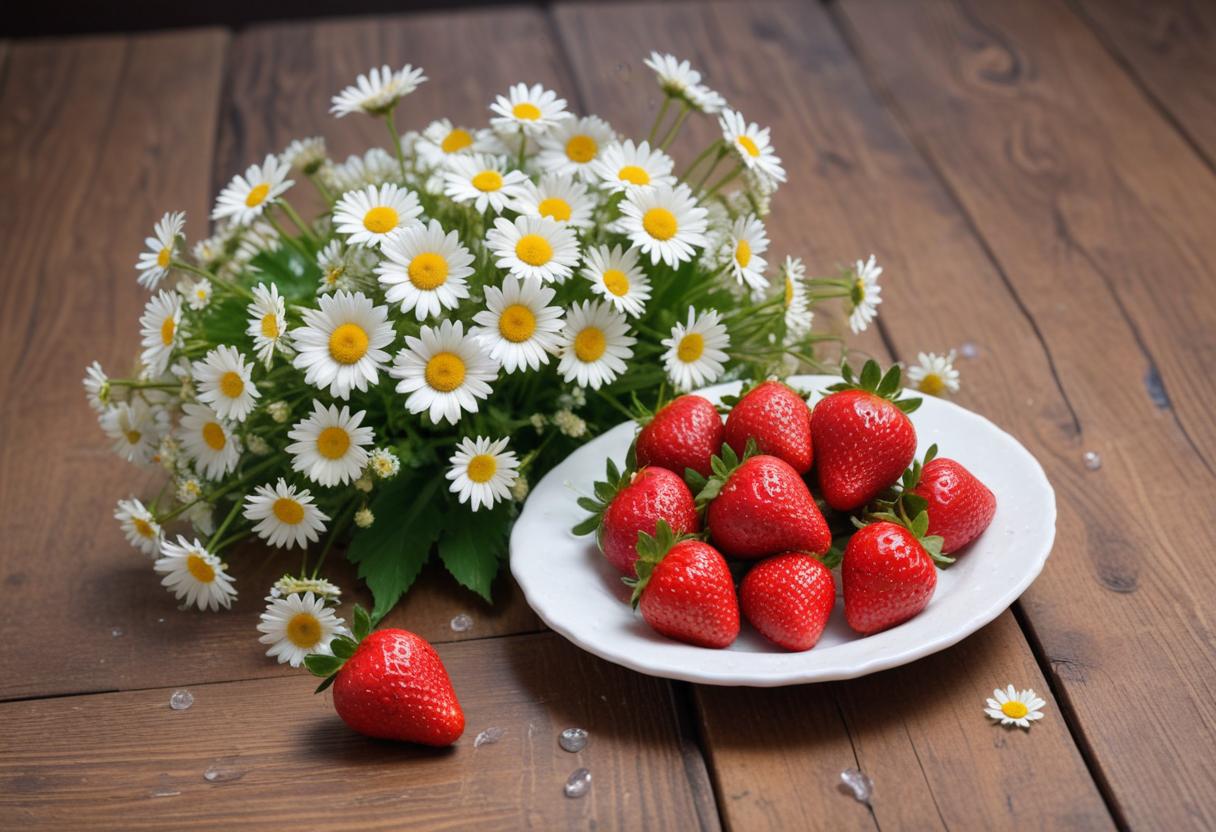Strawberries and daisies brighten the tabletop Strawberries and daisies brighten the tabletop