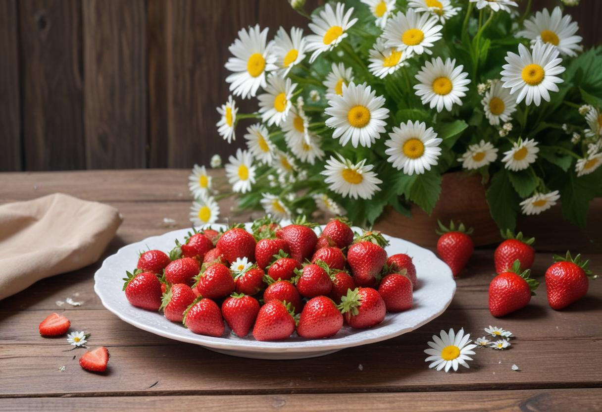 Fresh strawberries arranged on a plate with daisies Fresh strawberries arranged on a plate with daisies