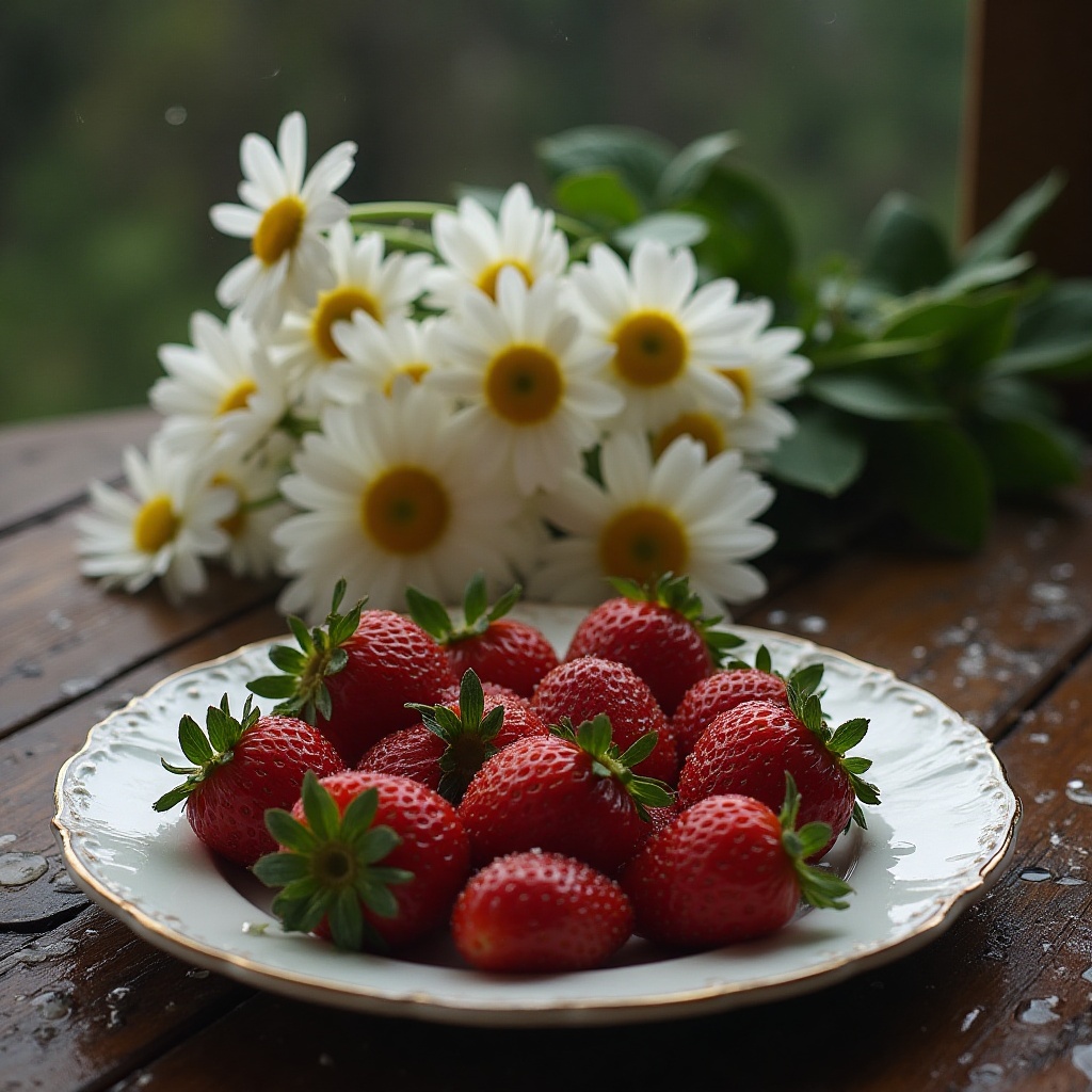 Fresh strawberries and daisies on a rainy day Fresh strawberries and daisies on a rainy day