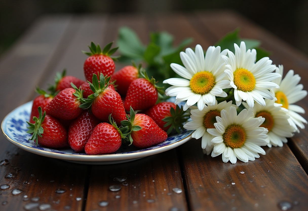 Fresh strawberries and daisies on a rustic wooden table Fresh strawberries and daisies on a rustic wooden table