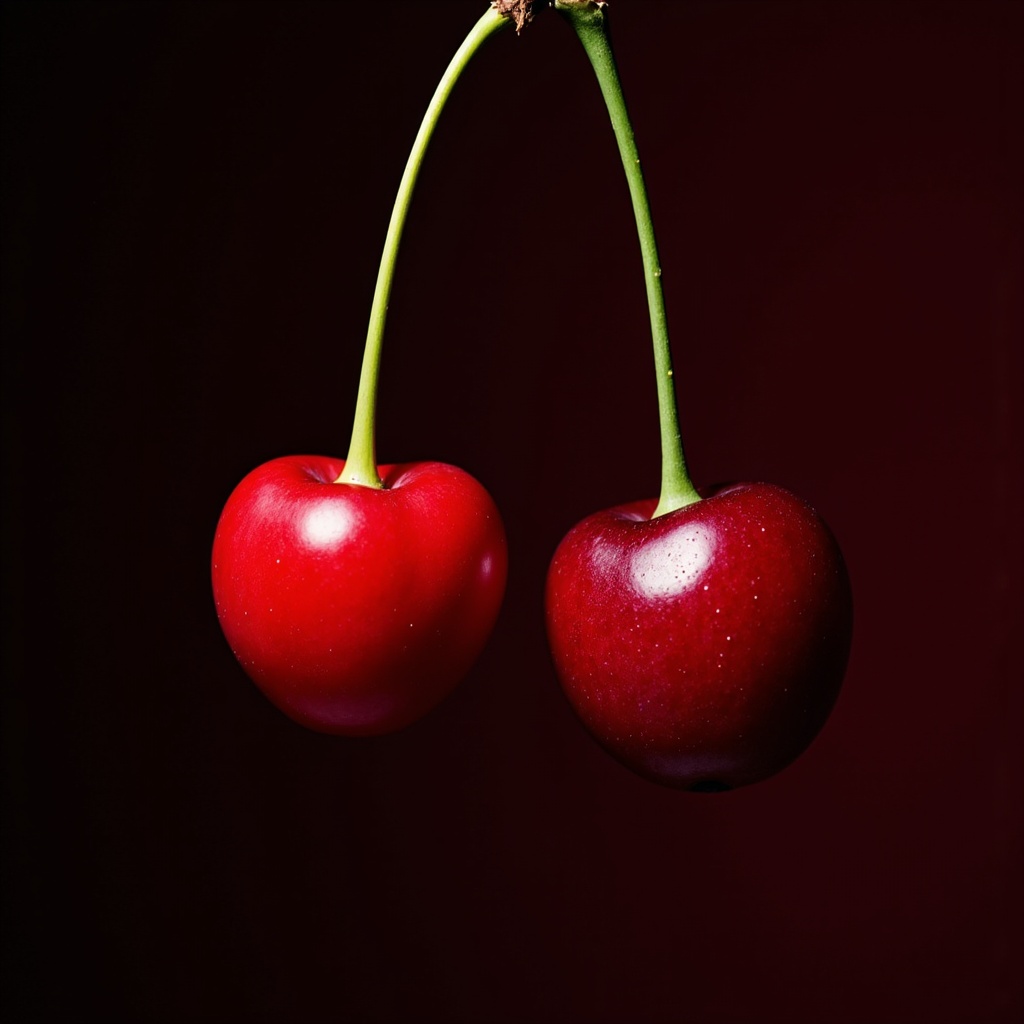 Red cherries hanging against a dark background Red cherries hanging against a dark background